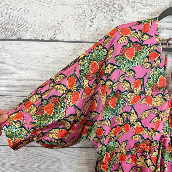 Aakaa Women's Pink Leaf Satin Dramatic Hem Long Sleeve Dress Size Medium - Picture 2 of 9